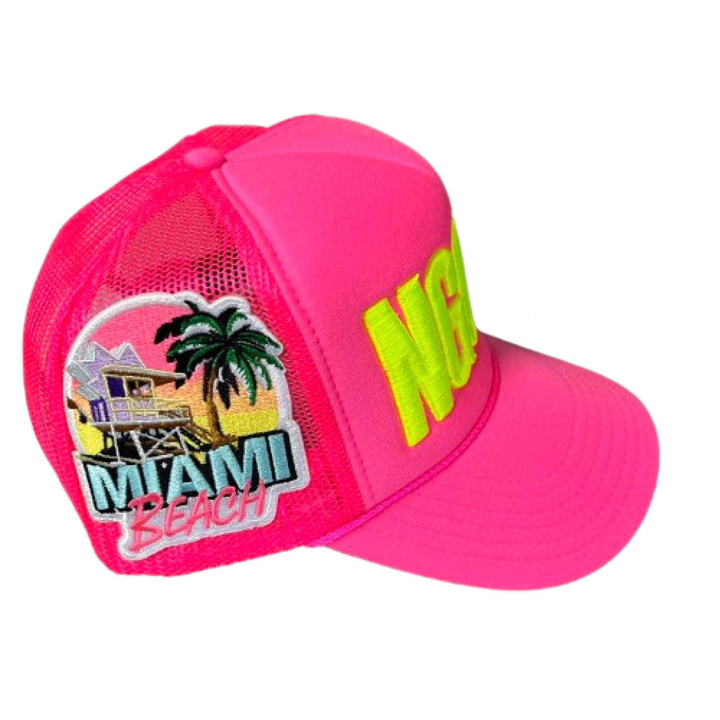 Neon Pink "Miami Carnival" South Beach Edition Foam Trucker Hat (Lime/Ngoni)
