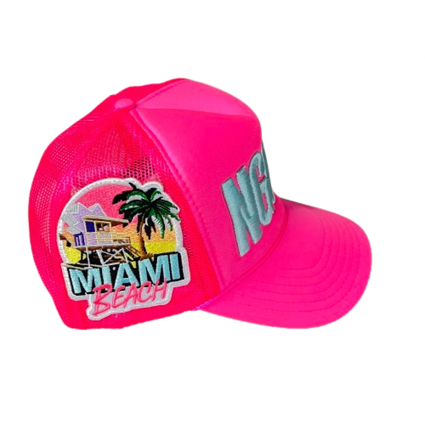 Neon Pink "Miami Carnival" South Beach Edition Foam Trucker Hat (Cyan/Ngoni)
