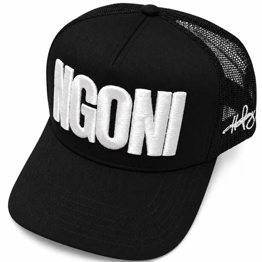 Black Trucker Hat (White/Ngoni)