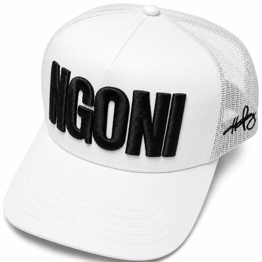 White Trucker Hat (Black/Ngoni)