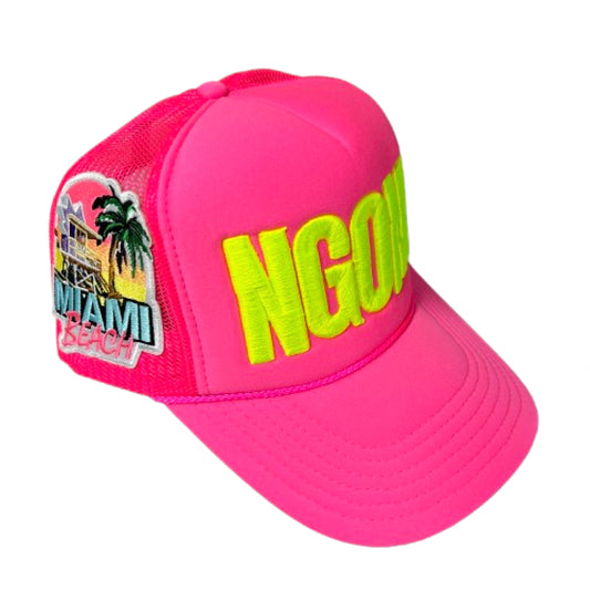 Neon Pink "Miami Carnival" South Beach Edition Foam Trucker Hat (Lime/Ngoni)