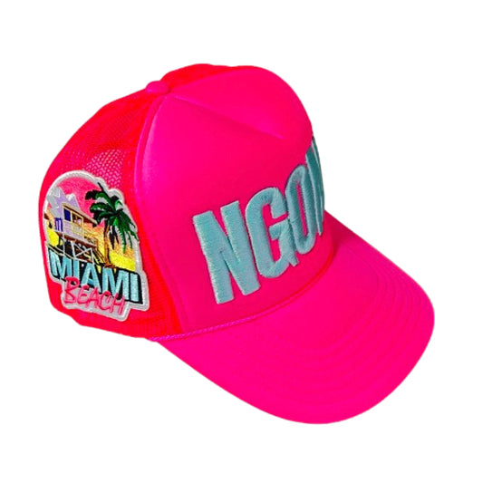 Neon Pink "Miami Carnival" South Beach Edition Foam Trucker Hat (Cyan/Ngoni)